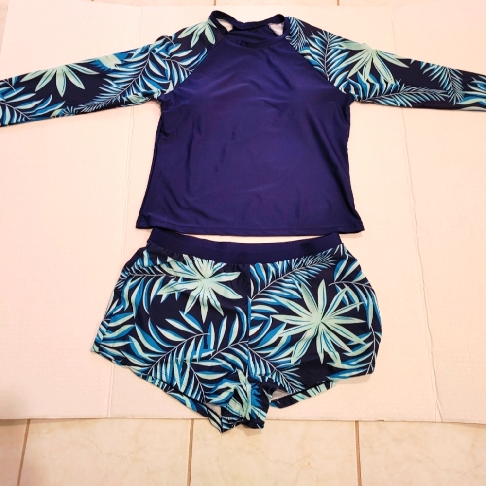 Women's Blue and Green Leaf Print Swim Set